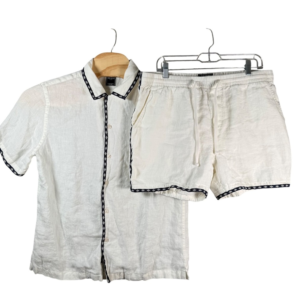 Todd Snyder Linen 2 Piece Set Mens L White Camp Shirt Shorts Vacation Resort